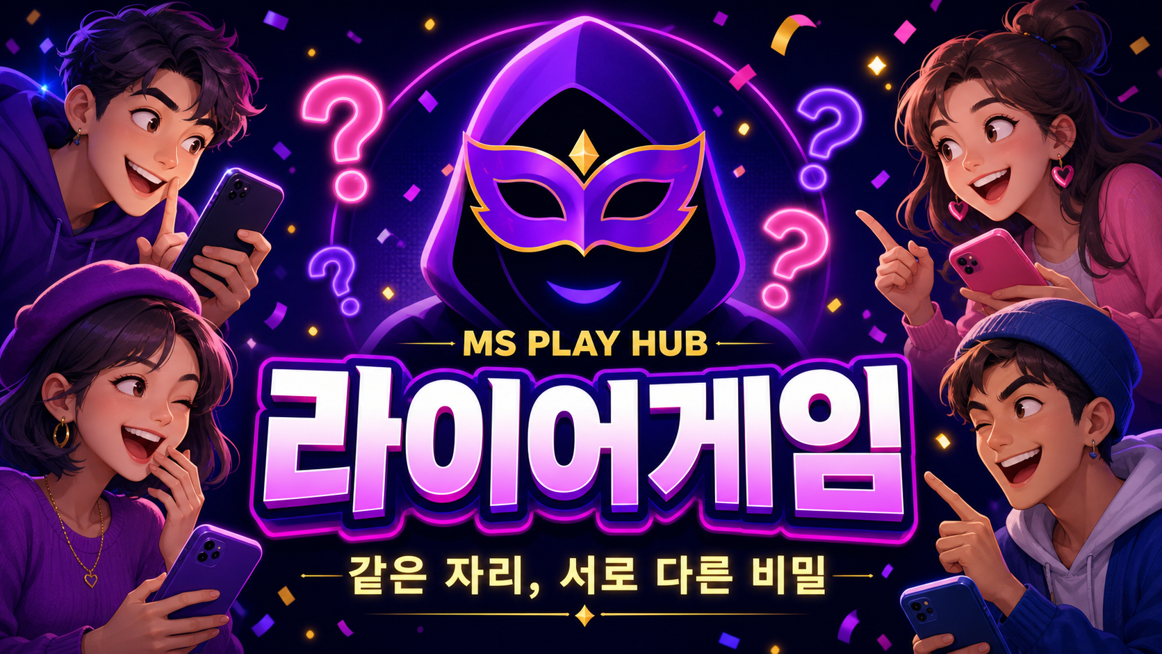 네 명의 친구가 휴대폰으로 함께 즐기는 라이어게임